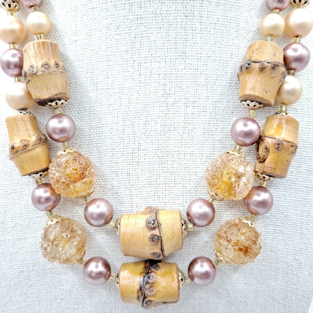 Vintage Japan Double Strand Necklace Chunky Bamboo Faux Pearl Glass Beads 16" - Picture 3 of 12